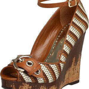 “BCBGIRLS” MULTI COLOR AMARETTO WOVEN LEATHER WEDGES – SZ 9.5